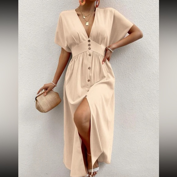 Boho button detail surplice neck midi dress - Picture 5 of 8